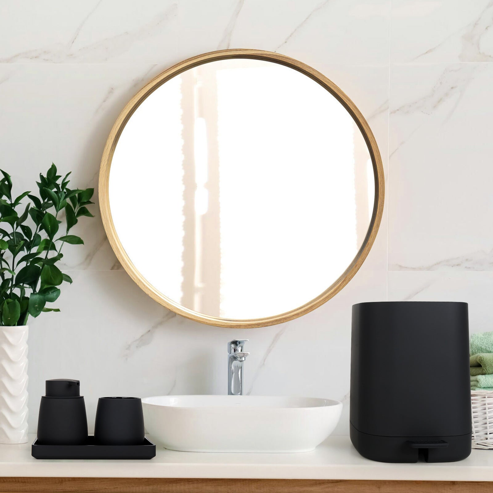 Bathroom Set: Trash Can, Soap Dispenser, Toothbrush Cup, Toilet Brush
