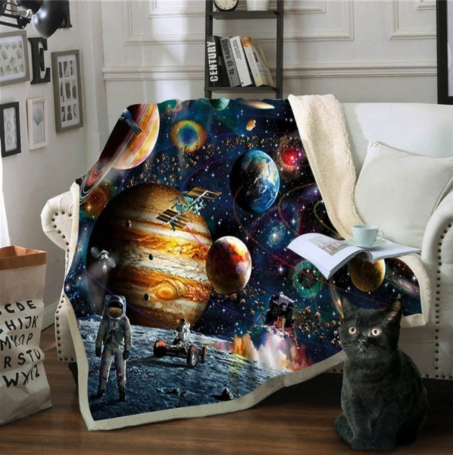 Cartoon Sloth and Outer Space Sherpa Fleece Blanket