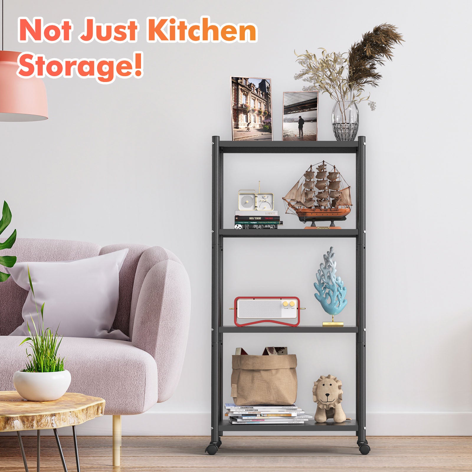 4-Tier Adjustable Kitchen Bakers Rack with Wheels.