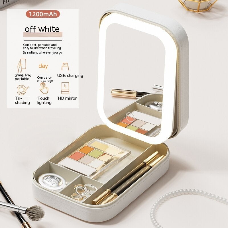 Portable makeup storage box with LED mirror.
