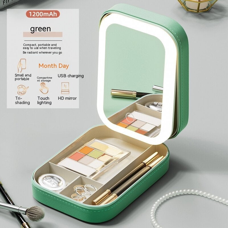 Portable makeup storage box with LED mirror.