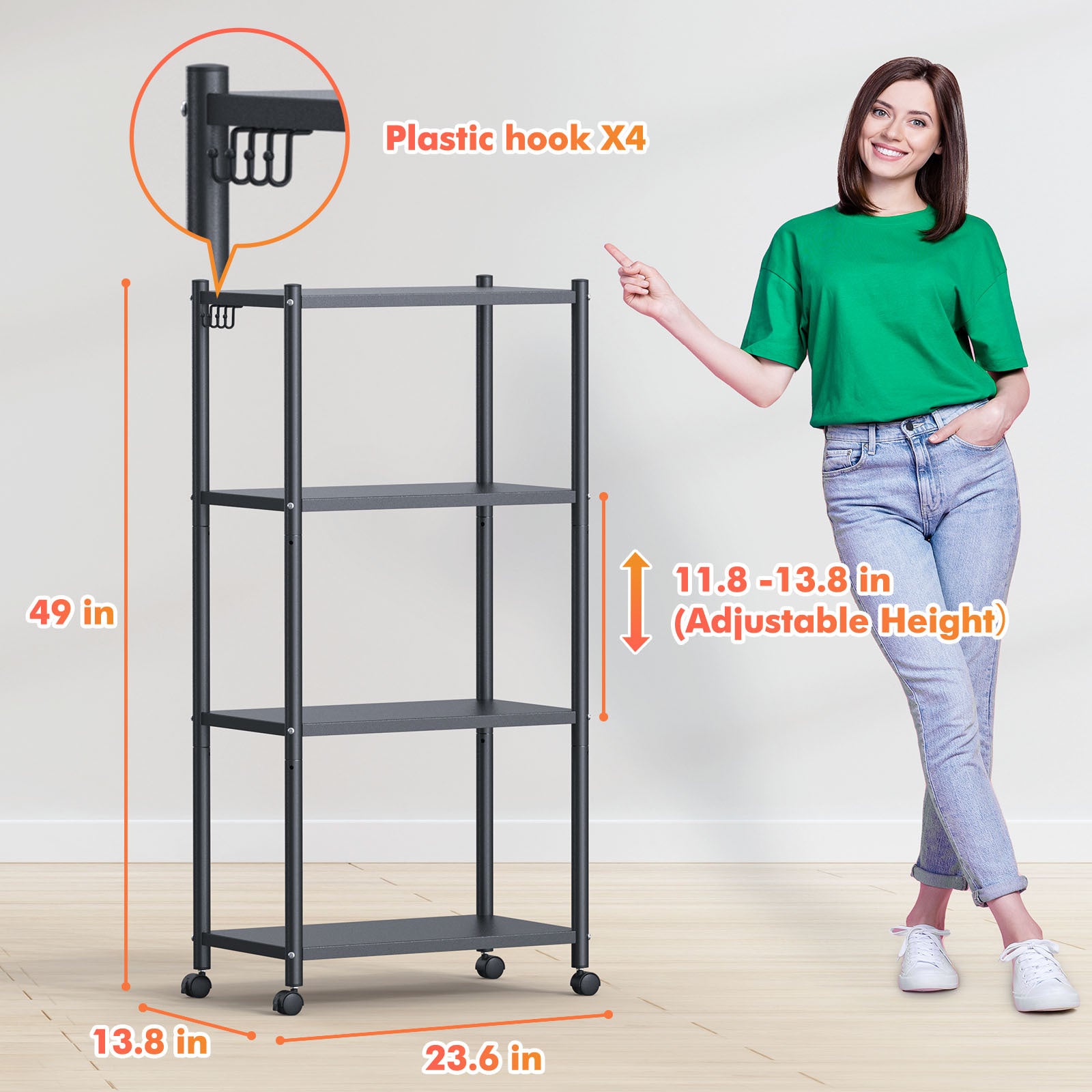4-Tier Adjustable Kitchen Bakers Rack with Wheels.