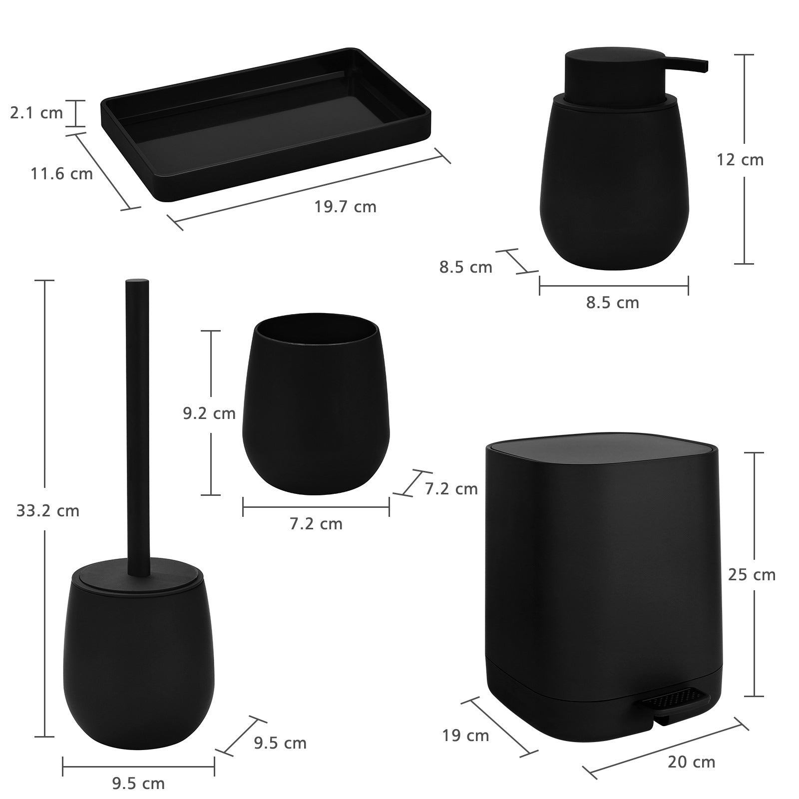 Bathroom Set: Trash Can, Soap Dispenser, Toothbrush Cup, Toilet Brush