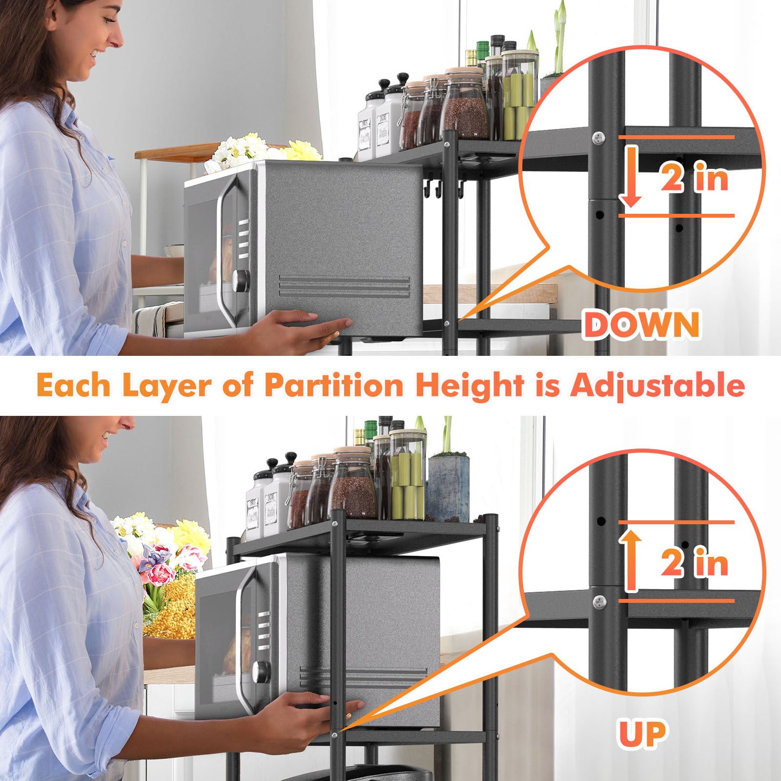 4-Tier Adjustable Kitchen Bakers Rack with Wheels.