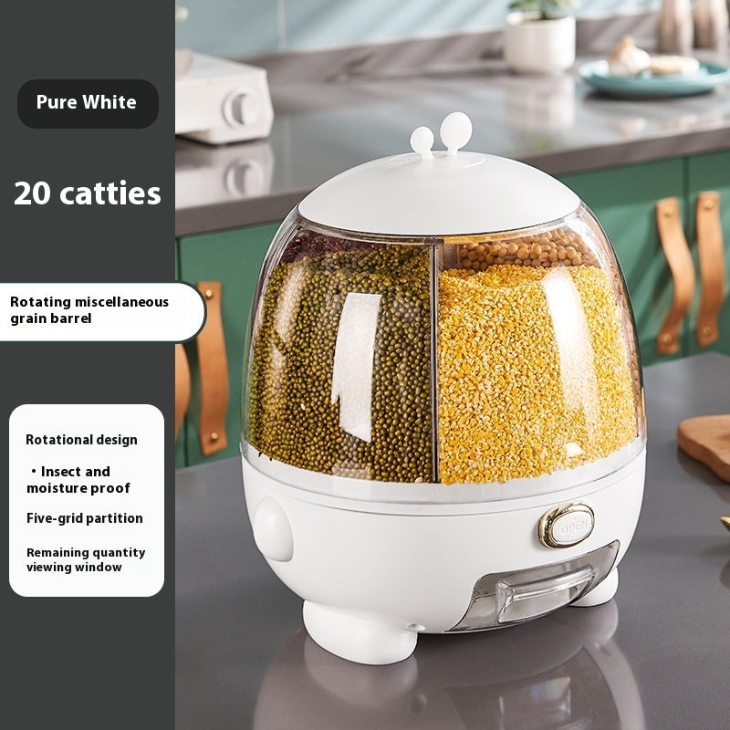 Rotatable multi-grain rice storage box.