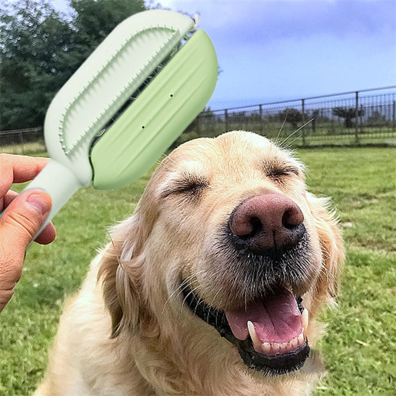 Self-cleaning pet grooming brush.
