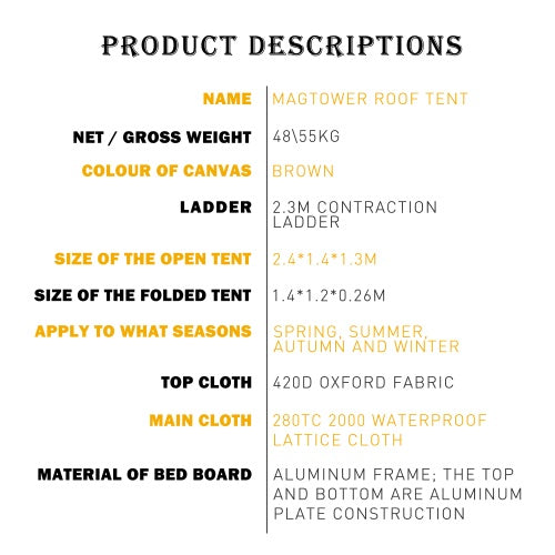 Rooftop Tent, Waterproof 280TC fabric, portable camping essential.