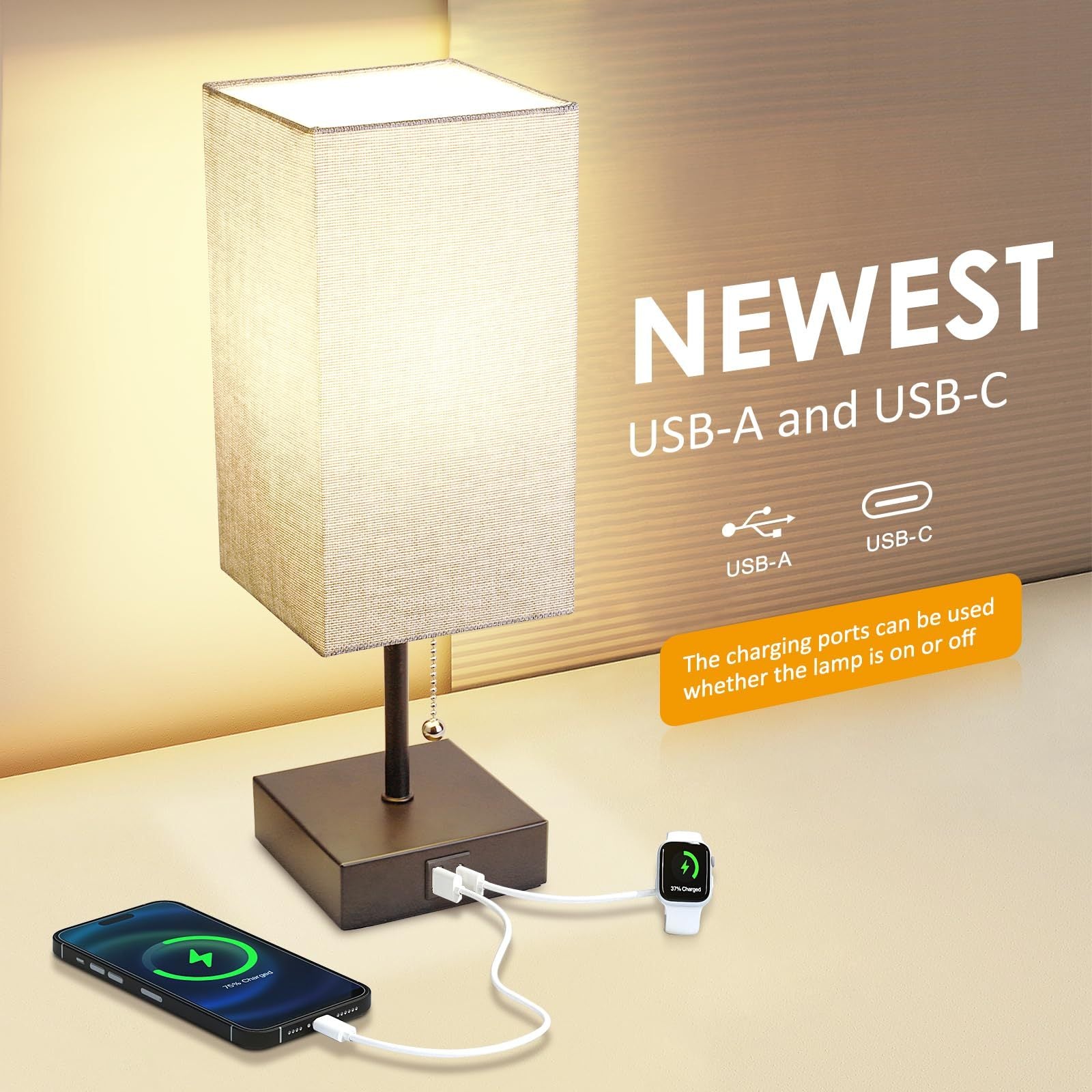 Bedside Table Lamp with USB Ports and 3 Brightness Levels