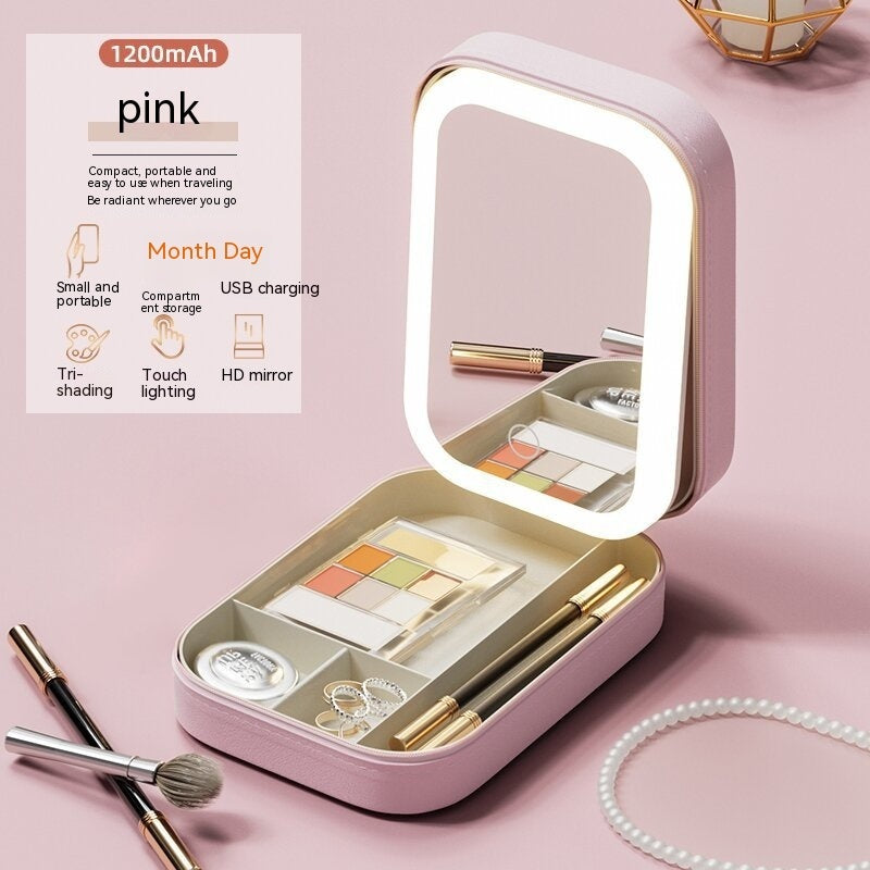 Portable makeup storage box with LED mirror.