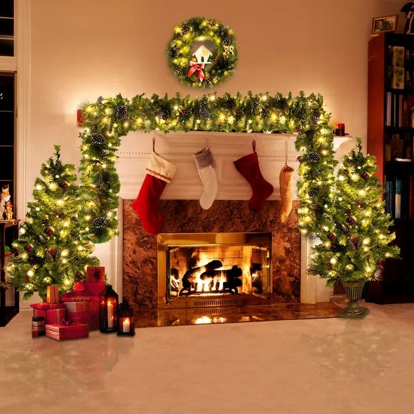 Pre-lit 4-Piece Christmas Set: Artificial Tree, Garland, Wreath & 2 Entrance Trees