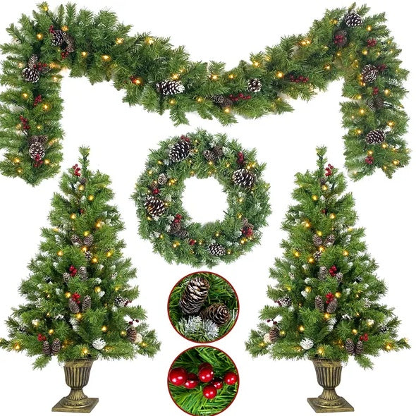 Pre-lit 4-Piece Christmas Set: Artificial Tree, Garland, Wreath & 2 Entrance Trees