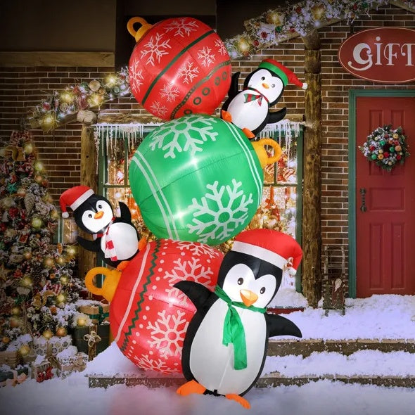 8.9ft Inflatable Christmas Balls & Penguins with LED Lights for Yard Decor