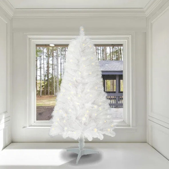 4ft White Pre-lit Christmas Tree, 100 LED Lights, PVC White Norwood Spruce