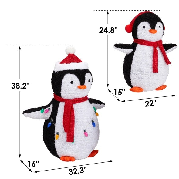 2-Piece Lighted Plush Penguins Christmas Yard Decorations, Pre-lit with 150 LEDs