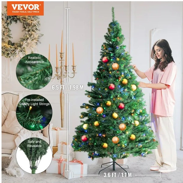 VEVOR 6.5ft Prelit Xmas Tree – 450 LED Lights, 1227 Branch Tips, Metal Base