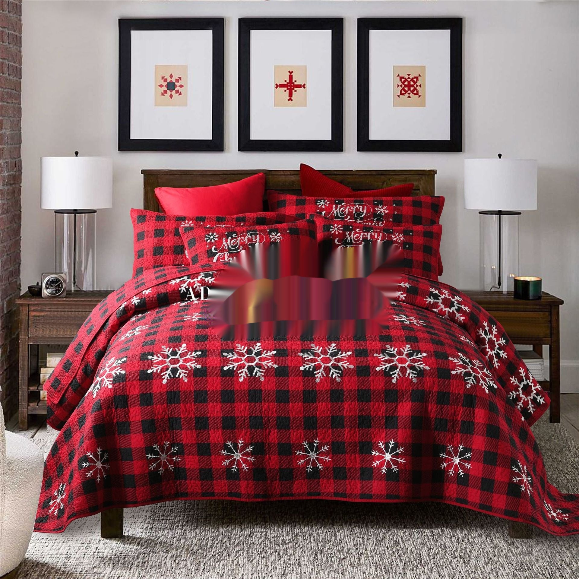 Red Plaid Christmas Holiday Quilted Set, Snowflake Embroidery, 3-Piece Cotton Fabric.