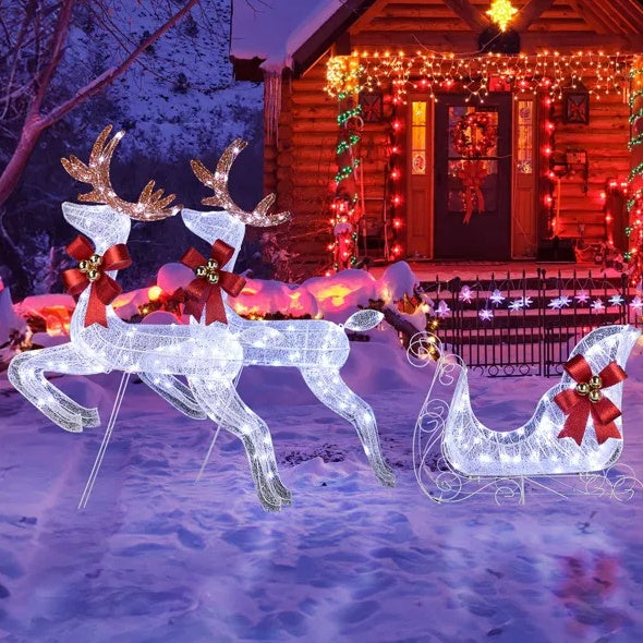 3-Piece Lighted Reindeer & Sleigh Set with 270 LED Lights for Outdoor Christmas Decor