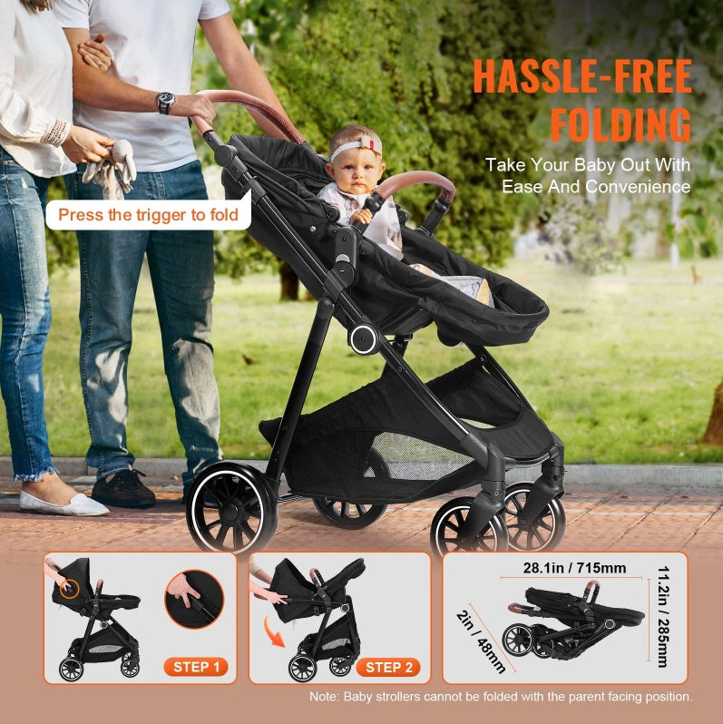 Baby Stroller, Adjustable, Foldable, Reversible, Black.