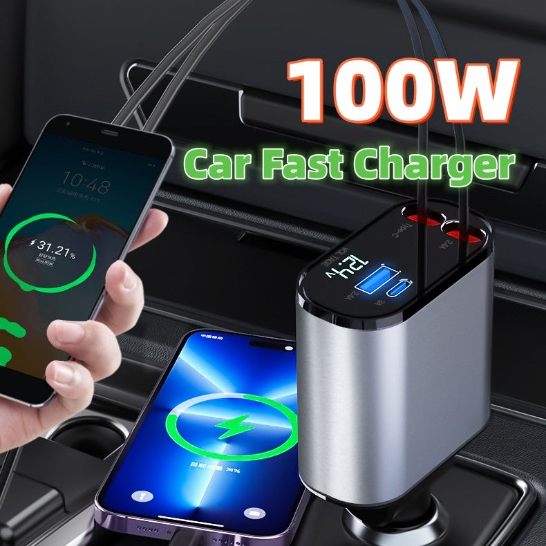 100W Super Fast Car Charger: USB and Type-C Adapter