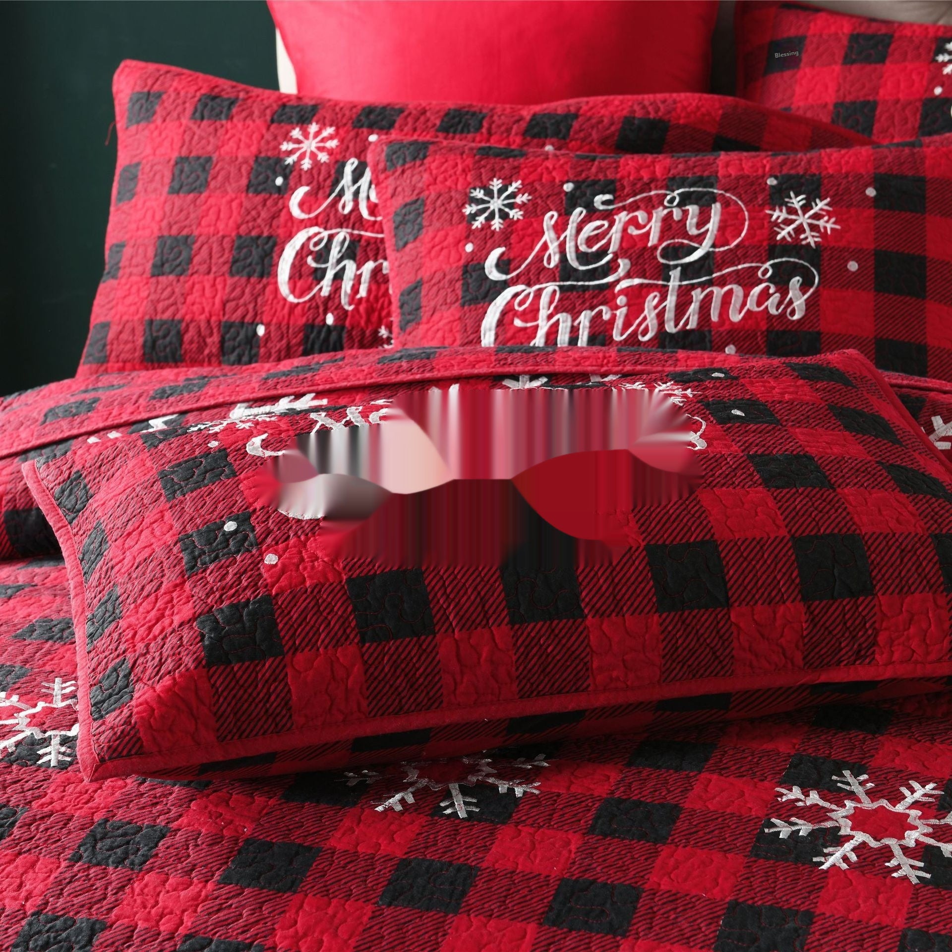 Red Plaid Christmas Holiday Quilted Set, Snowflake Embroidery, 3-Piece Cotton Fabric.