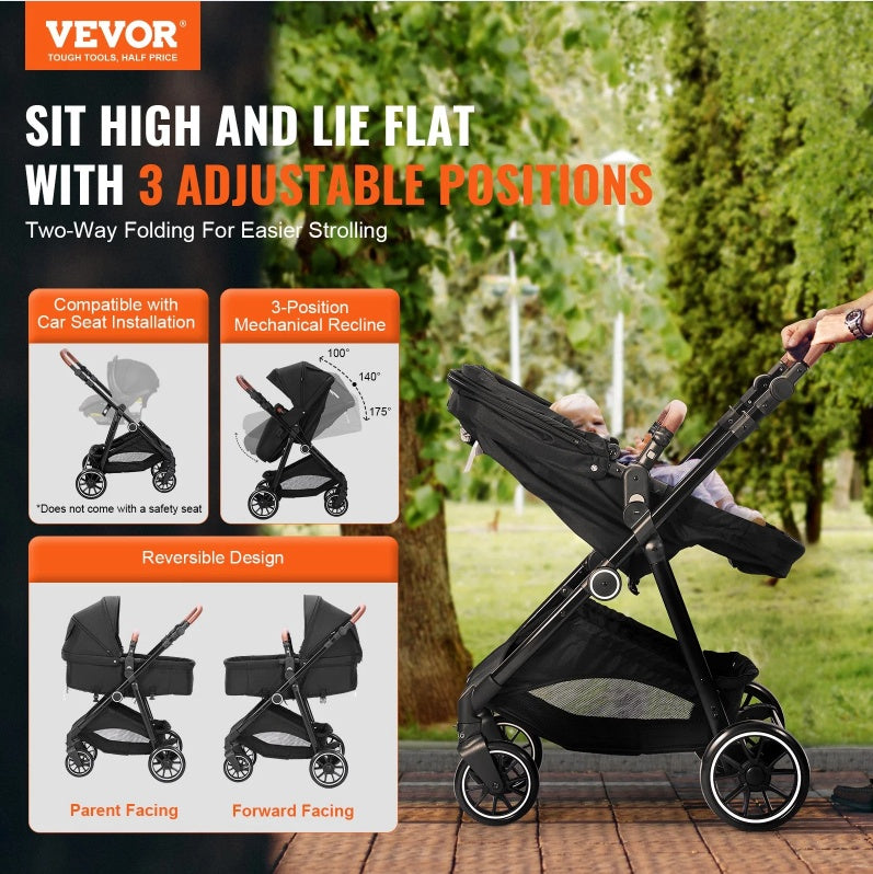 Baby Stroller, Adjustable, Foldable, Reversible, Black.