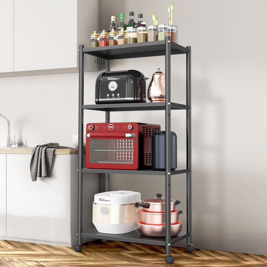 4-Tier Adjustable Kitchen Bakers Rack with Wheels.