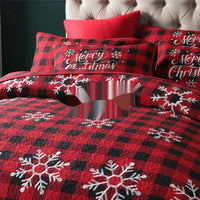 Red Plaid Christmas Holiday Quilted Set, Snowflake Embroidery, 3-Piece Cotton Fabric.