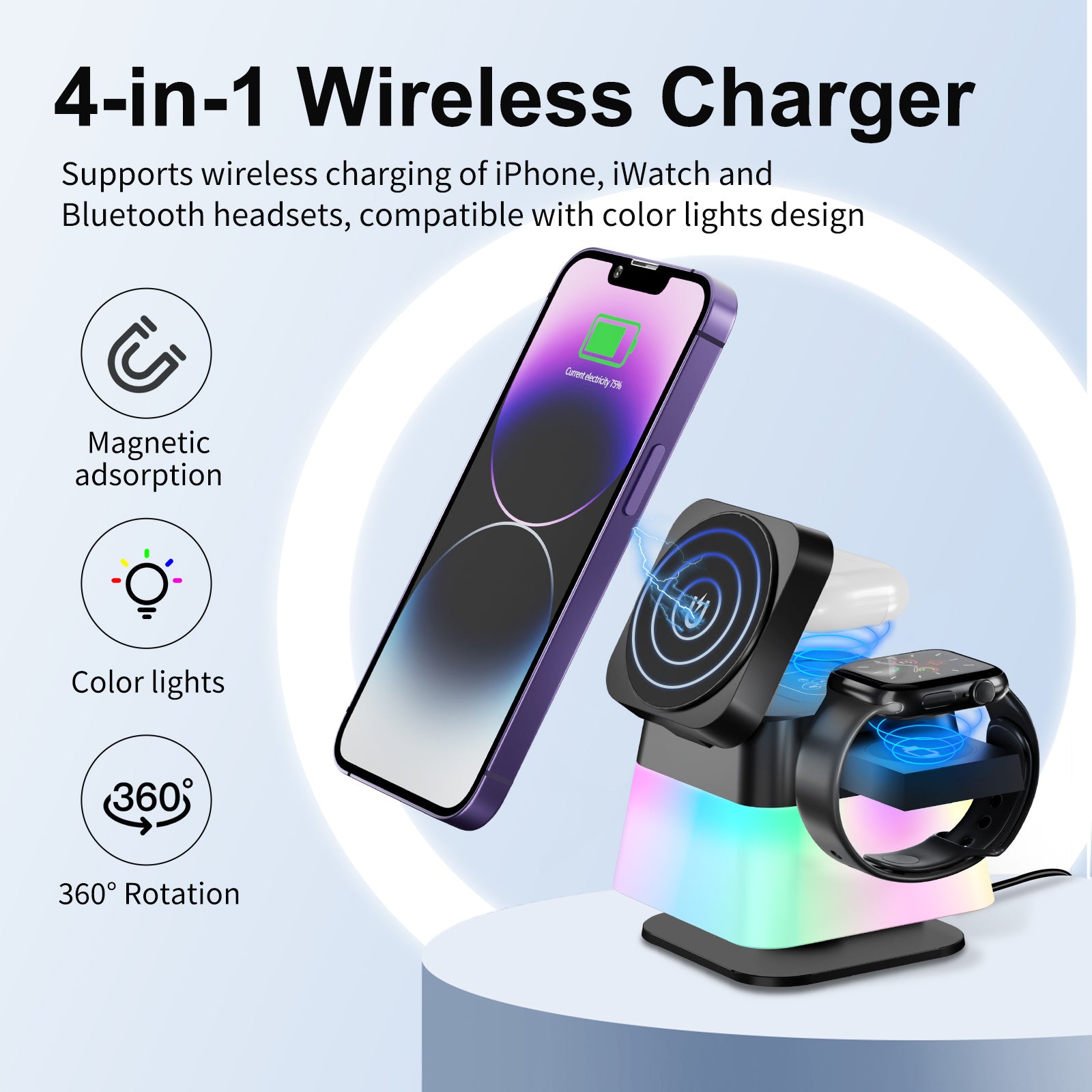 4-in-1 Wireless Charger Stand: Rotatable with Colorful Lighting