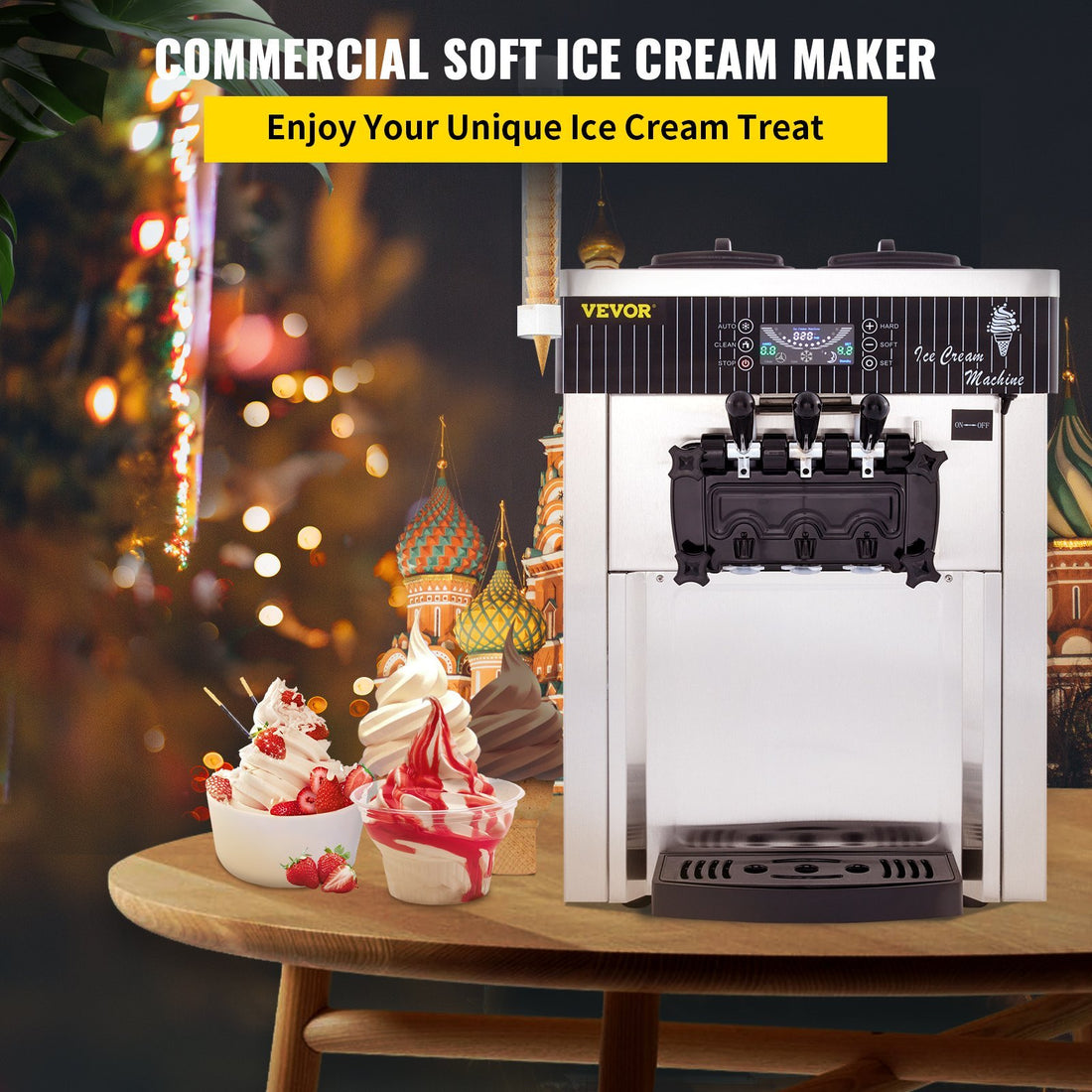 VEVOR Soft Serve Ice Cream Machine — 3 Flavors, Auto Clean, 2200W