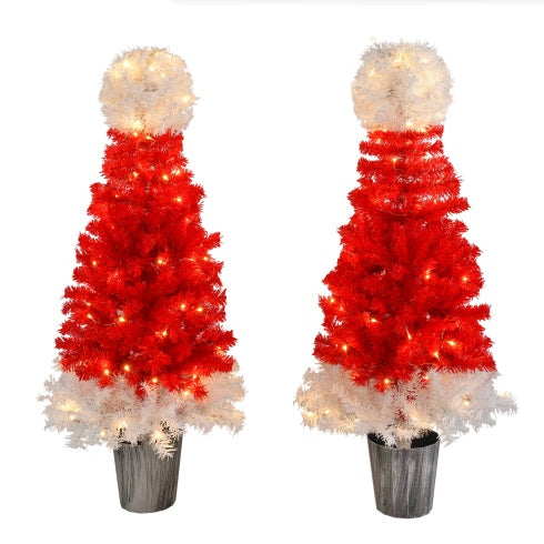 Set of 2 Santa Hat Trees, 4ft, Warm Lights.