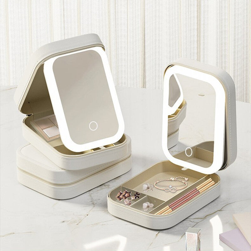 Portable makeup storage box with LED mirror.