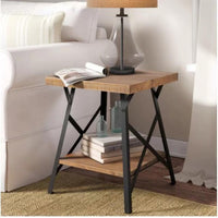 Industrial End Table, Wood Top, Metal Base.