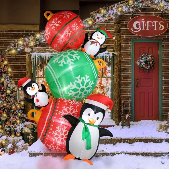 8.9ft Inflatable Christmas Balls & Penguins with LED Lights for Yard Decor