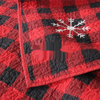 Red Plaid Christmas Holiday Quilted Set, Snowflake Embroidery, 3-Piece Cotton Fabric.