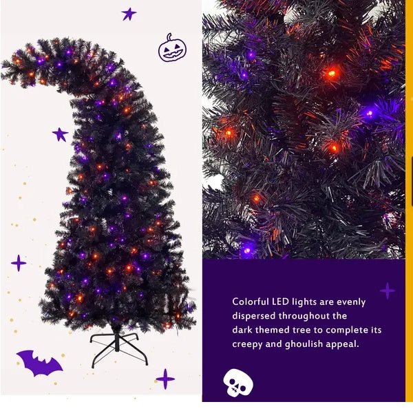 6FT Bent Top Halloween Christmas Tree, 1,080 Tips, 300 LED Lights - Bendable Artificial Fir Holiday Decor