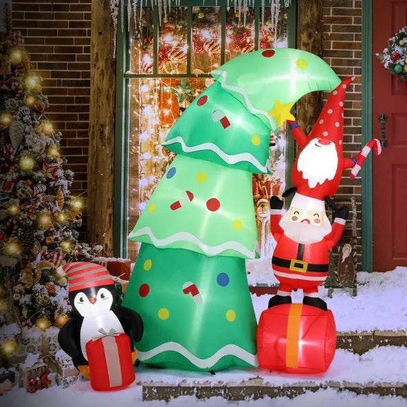 6 FT Lighted Christmas Inflatable Tree with Elf and Santa, LED Yard Decoration