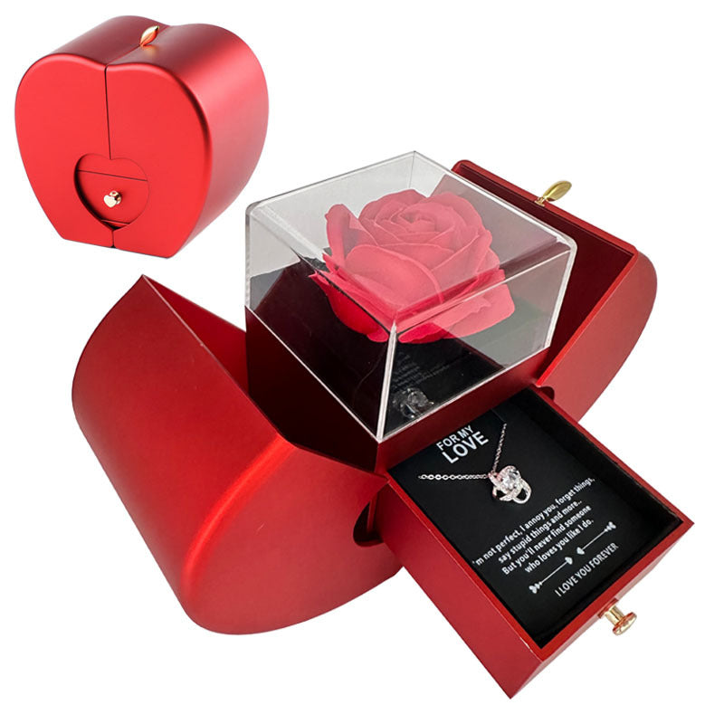 Red Apple Jewelry Box with Eternal Rose and Necklace