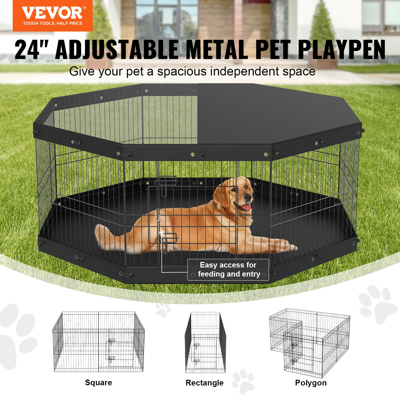 VEVOR Dog Playpen, 8-Panel Foldable Metal Pet Fence with Cover and Pad, 24in for Small/Medium Pets.