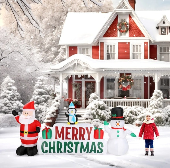 Inflatable Santa Claus and Snowman with Merry Christmas Sign